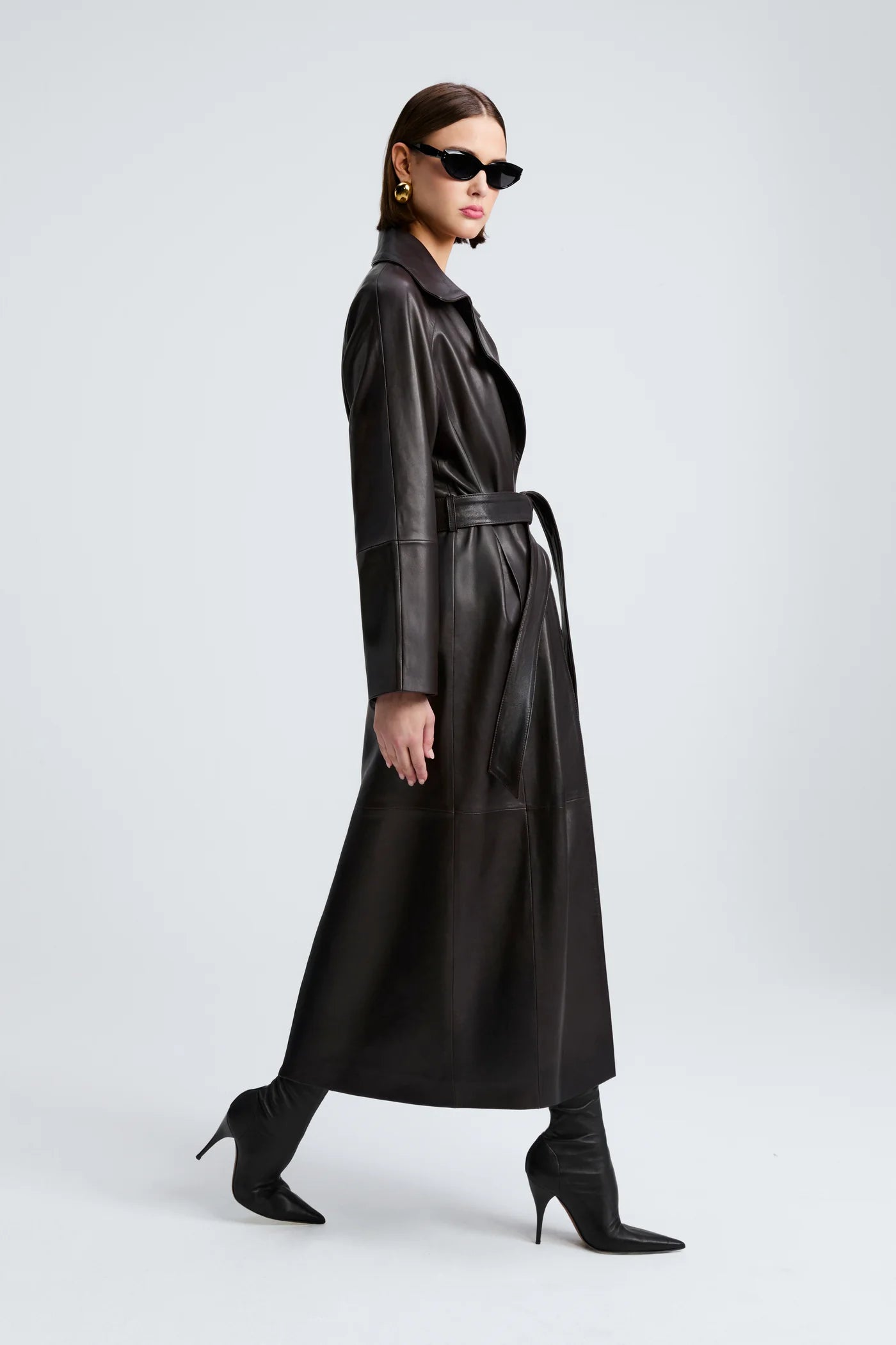 Long Belted Leather Coat – Black