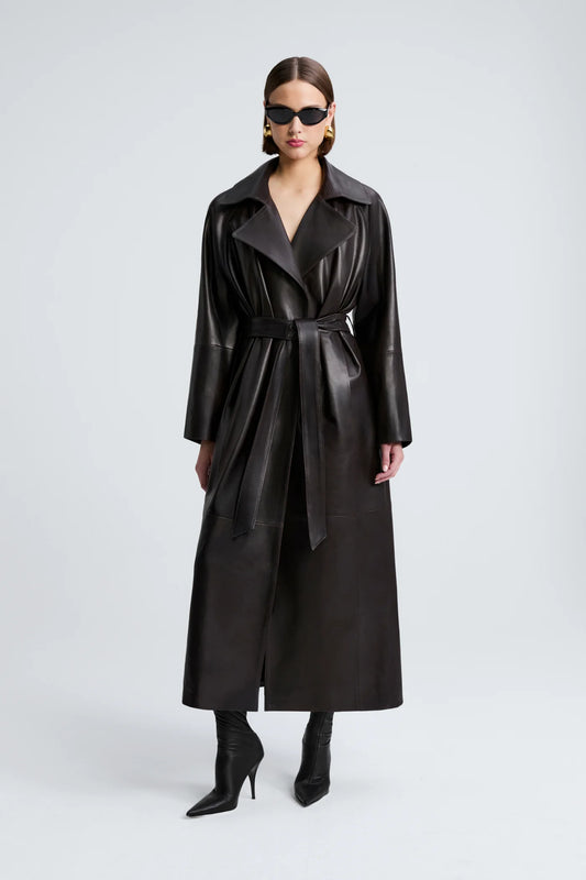 Long Belted Leather Coat – Black