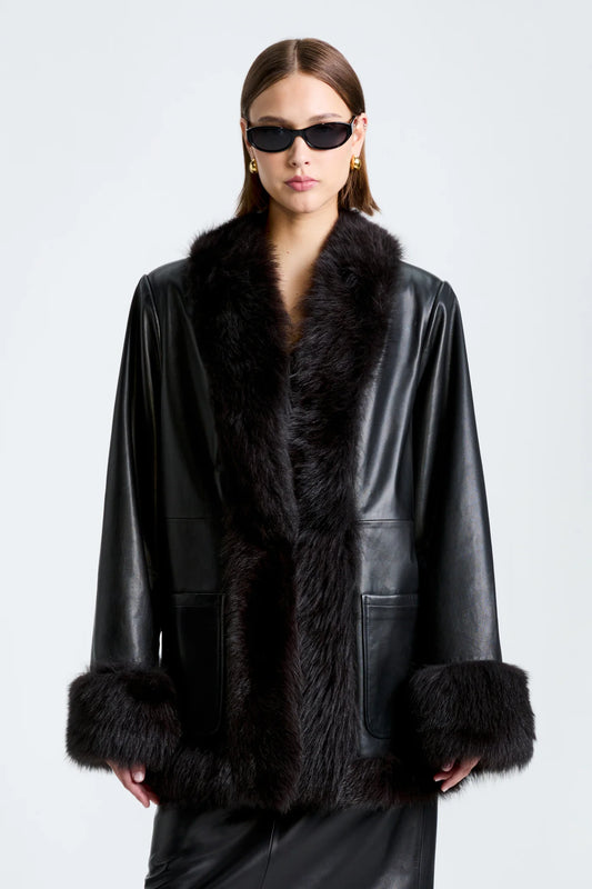 Leather Jacket with Faux Fur Trim – Black
